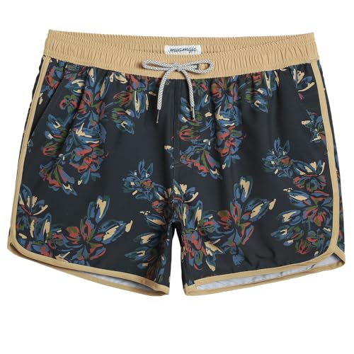 MaaMgic Herren Badeshorts Vintage Retro Badehosen 4 Way Stretch Schnelltrocknend mit Mesh-Futter und Verstellbarem Tunnelzug MEHRWEG,New Braun Blau Blumen 4.5,XL von MaaMgic