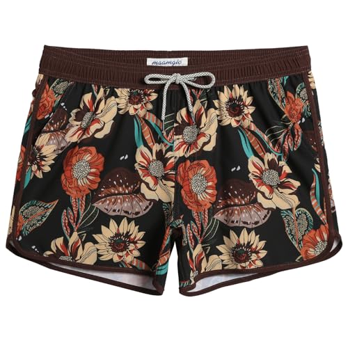 MaaMgic Herren Badeshorts Vintage Retro Badehosen 4 Way Stretch Schnelltrocknend mit Mesh-Futter und Verstellbarem Tunnelzug MEHRWEG,New Rotbraun Vintage Blume 4.5,XS von MaaMgic