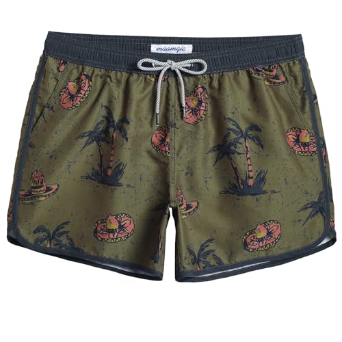 MaaMgic Herren Badeshorts Vintage Retro Badehosen Boardshorts Schnelltrocknend mit Mesh-Futter und Verstellbarem Tunnelzug MEHRWEG,Grün Braun Vintage Hut Palme 4.5,S von MaaMgic