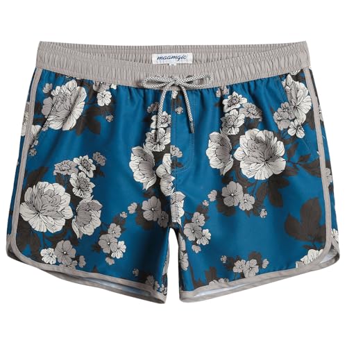 MaaMgic Herren Badeshorts Vintage Retro Badehosen Boardshorts Schnelltrocknend mit Mesh-Futter und Verstellbarem Tunnelzug MEHRWEG,New Blau Weiß Blumen 4.5,M von MaaMgic