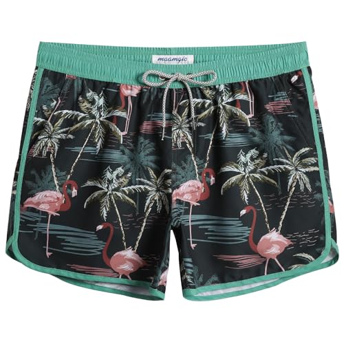 MaaMgic Herren Badeshorts Vintage Retro Badehosen Boardshorts Schnelltrocknend mit Mesh-Futter und Verstellbarem Tunnelzug MEHRWEG,New Dunkelgrün Flamingo Plamen 4.5,L von MaaMgic