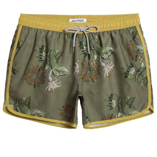 MaaMgic Herren Badeshorts Vintage Retro Badehosen Boardshorts Schnelltrocknend mit Mesh-Futter und Verstellbarem Tunnelzug MEHRWEG,New Gelb Grün 4.5,S von MaaMgic