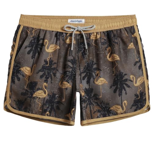 MaaMgic Herren Badeshorts Vintage Retro Badehosen Boardshorts Schnelltrocknend mit Mesh-Futter und Verstellbarem Tunnelzug MEHRWEG,New Palmen Flamingo Hellbraun 4.5,L von MaaMgic