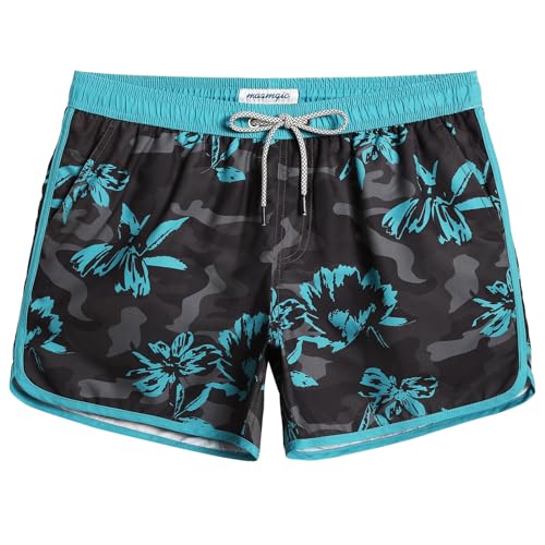 MaaMgic Herren Badeshorts Vintage Retro Badehosen Boardshorts Schnelltrocknend mit Mesh-Futter und Verstellbarem Tunnelzug MEHRWEG,New Schwarz Grau Tarnung Blume 4.5,M von MaaMgic