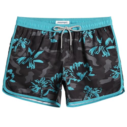MaaMgic Herren Badeshorts Vintage Retro Boardshorts Schnelltrocknend Kurz Badehose Schwimmhose mit Mesh-Futter und Verstellbarem Tunnelzug,New Schwarz Grau Tarnung Blume 4.5,XS von MaaMgic