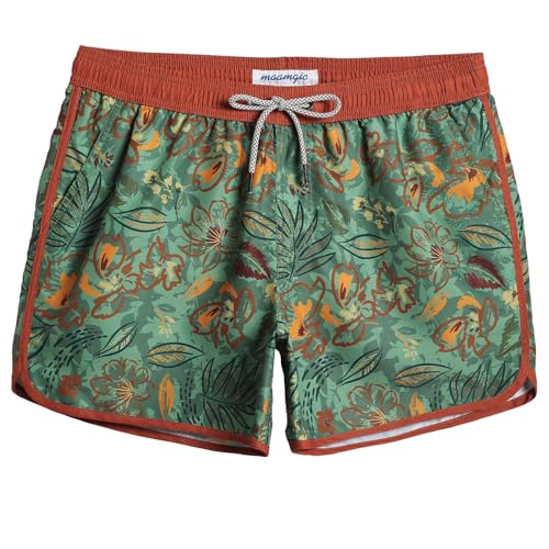 MaaMgic Herren Badeshorts Vintage Retro Badehosen Boardshorts Schnelltrocknend mit Mesh-Futter und Verstellbarem Tunnelzug MEHRWEG,New Vintage Rot Blumen Grün Blätter 4.5,L von MaaMgic