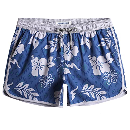 MaaMgic Herren Badeshorts Vintage Retro Boardshorts 4 Way Stretch Schnelltrocknend mit Mesh-Futter und Verstellbarem Tunnelzug MEHRWEG, Blumen Grün Blau, L von MaaMgic