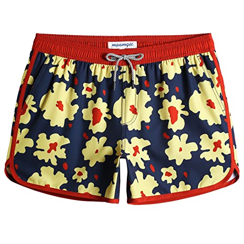 MaaMgic Herren Badeshorts Vintage Retro Boardshorts 4 Way Stretch Schnelltrocknend mit Mesh-Futter und Verstellbarem Tunnelzug MEHRWEG, Blumen Navy Gelb, M von MaaMgic