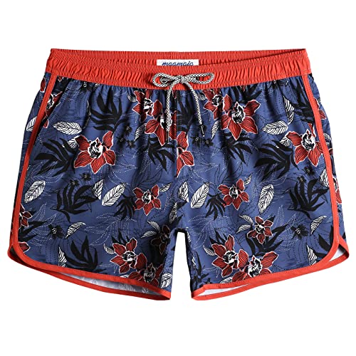 MaaMgic Herren Badeshorts Vintage Retro Boardshorts 4 Way Stretch Schnelltrocknend mit Mesh-Futter und Verstellbarem Tunnelzug MEHRWEG, Blumen Navy Grau, M von MaaMgic