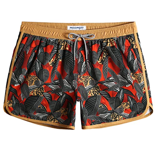 MaaMgic Herren Badeshorts Vintage Retro Boardshorts 4 Way Stretch Schnelltrocknend mit Mesh-Futter und Verstellbarem Tunnelzug MEHRWEG, Leopard Rot, L von MaaMgic