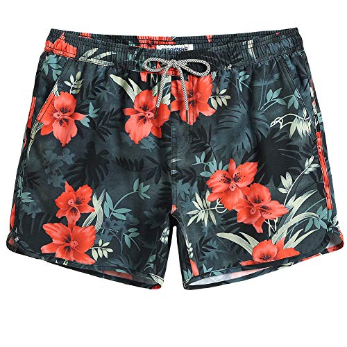 MaaMgic Herren Badeshorts Vintage Retro Boardshorts 4 Way Stretch Schnelltrocknend mit Mesh-Futter und Verstellbarem Tunnelzug MEHRWEG, Rot Blumen, L von MaaMgic