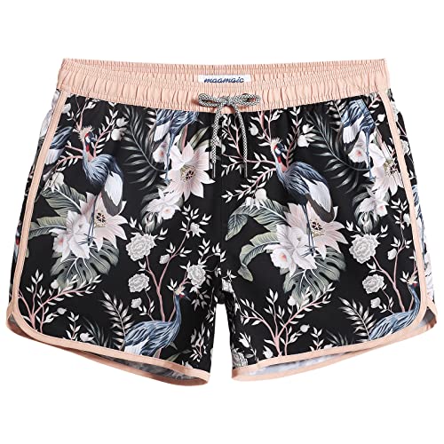 MaaMgic Herren Badeshorts Vintage Retro Boardshorts 4 Way Stretch Schnelltrocknend mit Mesh-Futter und Verstellbarem Tunnelzug MEHRWEG,Kraniche Blume Gelb Schwarz 4.5,L von MaaMgic