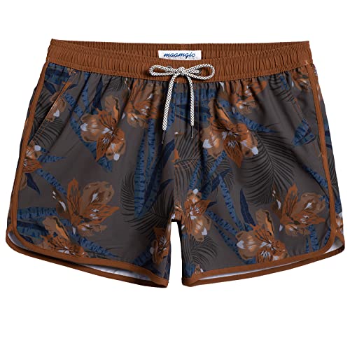 MaaMgic Herren Badeshorts Vintage Retro Boardshorts 4 Way Stretch Schnelltrocknend mit Mesh-Futter und Verstellbarem Tunnelzug MEHRWEG,New Orchidee Braun 4.5,S von MaaMgic