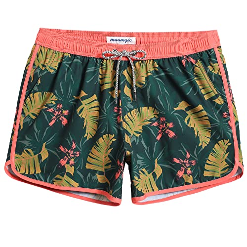 MaaMgic Herren Badeshorts Vintage Retro Boardshorts 4 Way Stretch Schnelltrocknend mit Mesh-Futter und Verstellbarem Tunnelzug MEHRWEG,New Rote Blumen Grün 4.5,S von MaaMgic