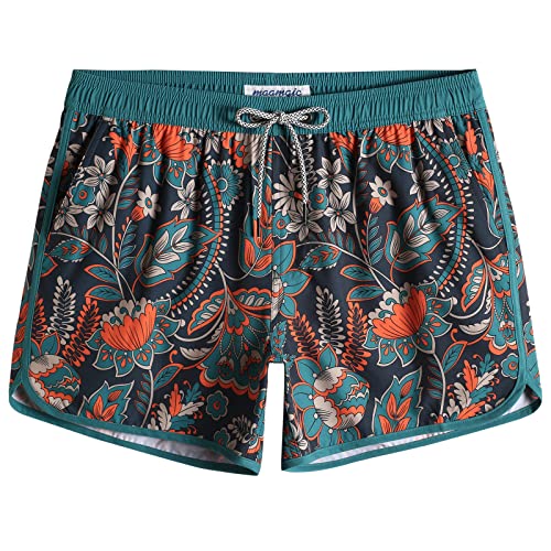 MaaMgic Herren Badeshorts Vintage Retro Boardshorts 4 Way Stretch Schnelltrocknend mit Mesh-Futter und Verstellbarem Tunnelzug MEHRWEG Blume Dunkelgrün L von MaaMgic