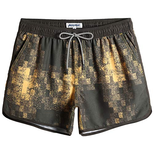 MaaMgic Herren Badeshorts Vintage Retro Boardshorts Schnelltrocknend mit Mesh-Futter und Verstellbarem Tunnelzug Braun Gelb L von MaaMgic