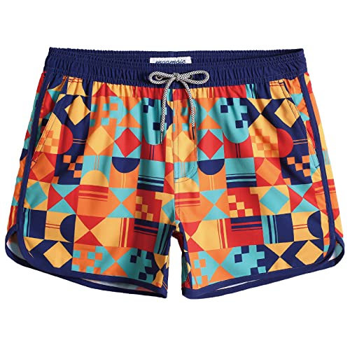 MaaMgic Herren Badeshorts Vintage Retro Boardshorts Schnelltrocknend mit Mesh-Futter und Verstellbarem Tunnelzug MEHRWEG, Geometrie Bunt, L von MaaMgic