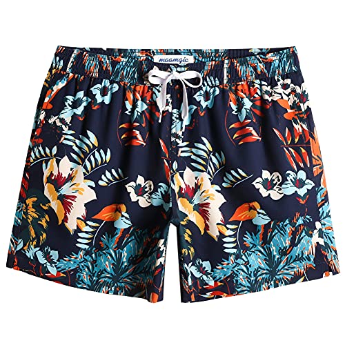 MaaMgic Herren Badeshorts Vintage Retro Boardshorts 4 Way Stretch Schnelltrocknend mit Mesh-Futter und Verstellbarem Tunnelzug MEHRWEG, Mehrfarbige Blumen Navy, M von MaaMgic