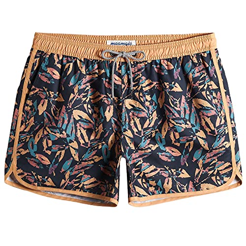 MaaMgic Herren Badeshorts Vintage Retro Boardshorts Schnelltrocknend mit Mesh-Futter und Verstellbarem Tunnelzug MEHRWEG， Schwarz Gelbe Blätter， L von MaaMgic