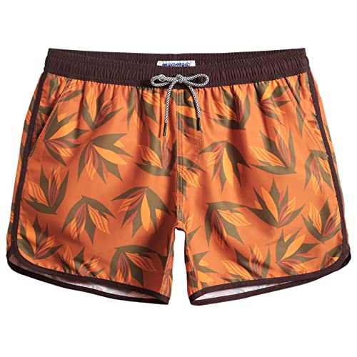 MaaMgic Herren Badeshorts Vintage Retro Boardshorts Schnelltrocknend mit Mesh-Futter und Verstellbarem Tunnelzug MEHRWEG,Tricolor Blätter 4.5 Orangebraun,L von MaaMgic