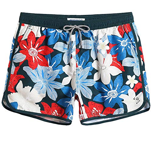 MaaMgic Herren Badeshorts Vintage Retro Boardshorts Schnelltrocknend mit Mesh-Futter und Verstellbarem Tunnelzug MEHRWEG (Large(Waist:33"-35"), Rot Blau Weiß Blumen) von MaaMgic