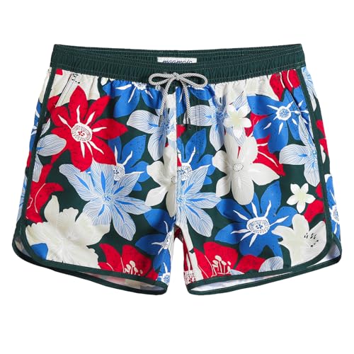 MaaMgic Herren Badeshorts Vintage Retro Boardshorts Schnelltrocknend Kurz Badehose Schwimmhose mit Mesh-Futter und Verstellbarem Tunnelzug (Large(Waist:33"-35"), Rot Blau Weiß Blumen) von MaaMgic