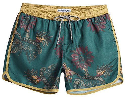 MaaMgic Herren Badeshorts Vintage Retro Boardshorts Schnelltrocknend Kurz Badehose Schwimmhose mit Mesh-Futter und Verstellbarem Tunnelzug (XS, Gelb Dunkelgrün) von MaaMgic