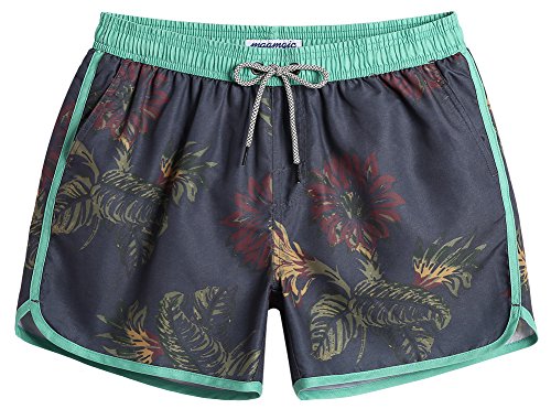 MaaMgic Herren Badeshorts Vintage Retro Boardshorts Schnelltrocknend mit Mesh-Futter und Verstellbarem Tunnelzug MEHRWEG Grün Schwarz L von MaaMgic