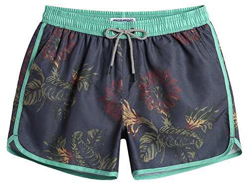 MaaMgic Herren Badeshorts Vintage Retro Boardshorts Schnelltrocknend Kurz Badehose Schwimmhose mit Mesh-Futter und Verstellbarem Tunnelzug Grün Schwarz L von MaaMgic