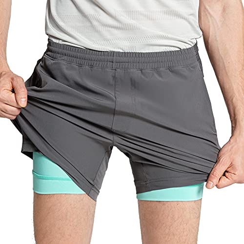 MaaMgic Herren Shorts Sommer 2 in 1 Schnelltrocknende Laufshorts mit Tasche, Fitness Joggen und Training, Grau Blau, L von MaaMgic