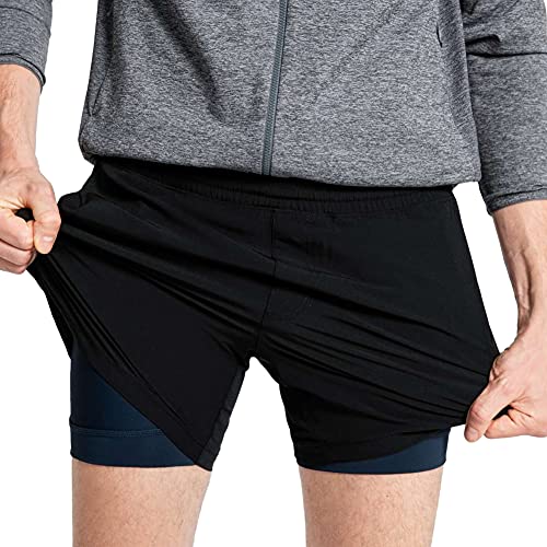 MaaMgic Herren Shorts Sommer 2 in 1 Schnelltrocknende Laufshorts mit Tasche, Fitness Joggen und Training, Schwarz Navy Blau, L von MaaMgic