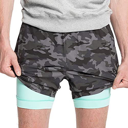 MaaMgic Herren Shorts Sommer 2 in 1 Schnelltrocknende Laufshorts mit Tasche, Fitness Joggen und Training, Tarnung Hellblau, S von MaaMgic