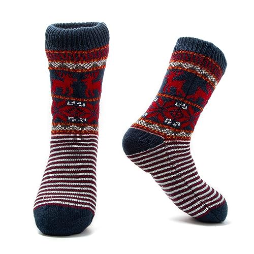 MaaMgic Herren Stoppersocken Kuschelsocken Warme Dicke Socken Haussocken Wintersocken mit Innenfell Teddyfutter und Antirutschsohle MEHRWEG,Navyblau Orange Rentier,43/45 EU von MaaMgic