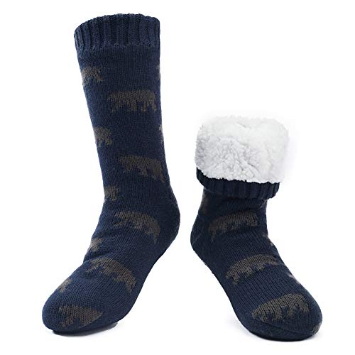 MaaMgic Herren Warme Dicke Wintersocken mit Innenfell Teddyfutter und Antirutschsohle MEHRWEG,Dunkelblau Bär,43/45 EU von MaaMgic