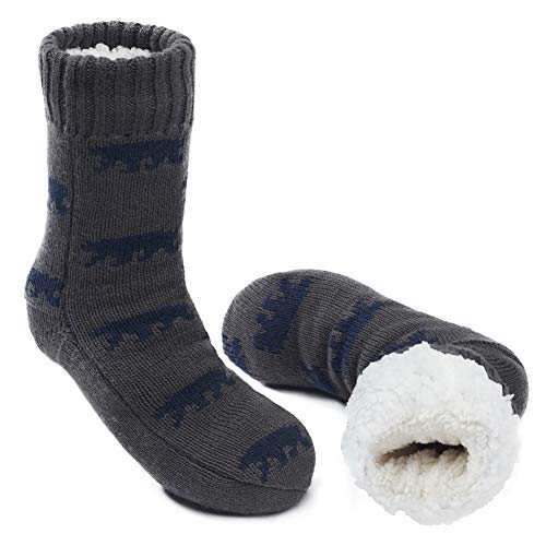 MaaMgic Herren Warme Dicke Wintersocken mit Innenfell Teddyfutter und Antirutschsohle MEHRWEG,Grau Bär,41/43 EU von MaaMgic