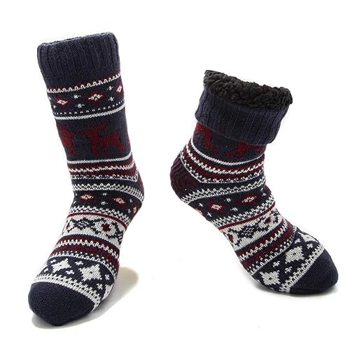 MaaMgic Herren Warme Dicke Wintersocken mit Innenfell Teddyfutter und Antirutschsohle MEHRWEG,Navy Blau Rentier 2023,41/43 EU von MaaMgic