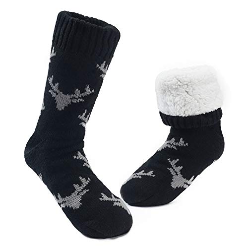 MaaMgic Herren Warme Dicke Wintersocken mit Innenfell Teddyfutter und Antirutschsohle MEHRWEG,Schwarz Grau Rentier,43/45 EU von MaaMgic