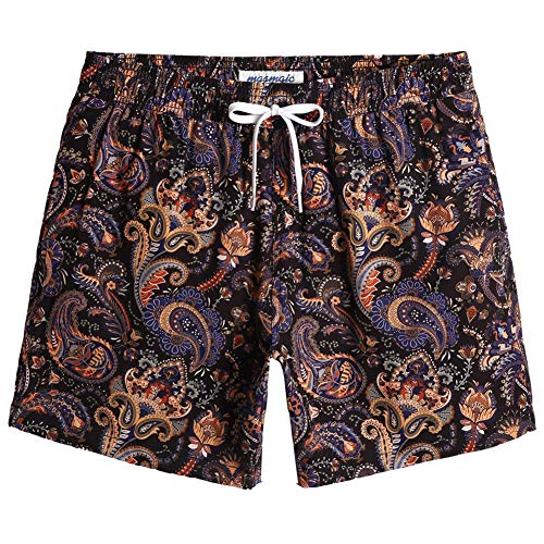 MaaMgic Herren kurz Badeshorts 4 Way Stretch Boardshorts Schnelltrocknend mit Mesh-Futter und Verstellbarem Tunnelzug MEHRWEG, Paisley Schwarz Gold Lila, XXL von MaaMgic