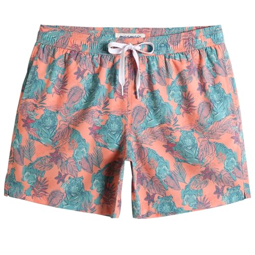 MaaMgic Herren kurz Badeshorts 4 Way Stretch Boardshorts Schnelltrocknend mit Mesh-Futter und Verstellbarem Tunnelzug MEHRWEG, Tiger Orange, S von MaaMgic