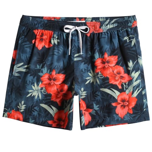 MaaMgic Herren kurz Badeshorts 4 Way Stretch Boardshorts Schnelltrocknend mit Mesh-Futter und Verstellbarem Tunnelzug MEHRWEG,Wunderschöne rote Blume,XL von MaaMgic