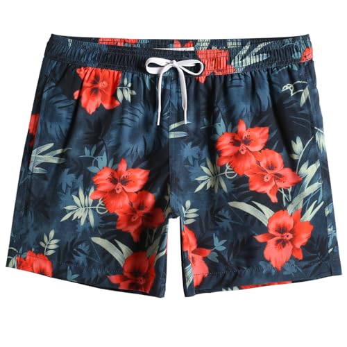 MaaMgic Herren kurz Badeshorts 4 Way Stretch Boardshorts Schnelltrocknend mit Mesh-Futter und Verstellbarem Tunnelzug MEHRWEG,Wunderschöne rote Blume,XXL von MaaMgic