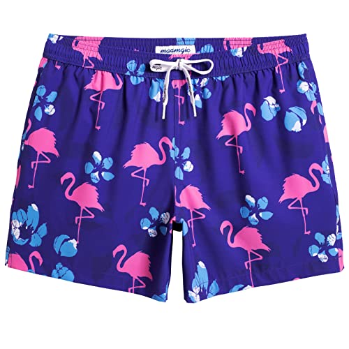 MaaMgic Herren kurz Badeshorts 4 Way Stretch Boardshorts Schnelltrocknend mit Mesh-Futter und Verstellbarem Tunnelzug MEHRWEG Blau-Flamingo L von MaaMgic