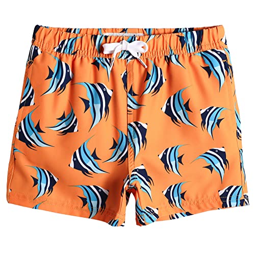 MaaMgic Jungens 4 Way Stretch Badehosen Schnelltrocknend Badeshorts mit Mesh-Futter Taschen und Verstellbarem Tunnelzug MEHRWEG, Fische Orange, 10-12 Jahre von MaaMgic