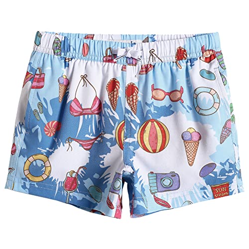 MaaMgic Jungens 4 Way Stretch Badehosen Schnelltrocknend Badeshorts mit Mesh-Futter Taschen und Verstellbarem Tunnelzug MEHRWEG, Sandstrand Hellblau, 7 Jahre von MaaMgic