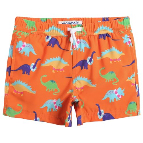 MaaMgic Jungens 4 Way Stretch Badehosen Schnelltrocknend Badeshorts mit Mesh-Futter Taschen und Verstellbarem Tunnelzug MEHRWEG,New Dinosaurier Bunt Orange,4 Jahre von MaaMgic