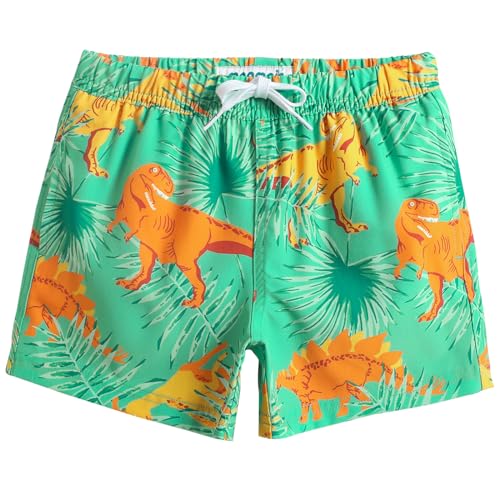 MaaMgic Jungens 4 Way Stretch Badehosen Schnelltrocknend Badeshorts mit Mesh-Futter Taschen und Verstellbarem Tunnelzug MEHRWEG,Orange Dino Grün Palmwedel,14-16 Jahre von MaaMgic