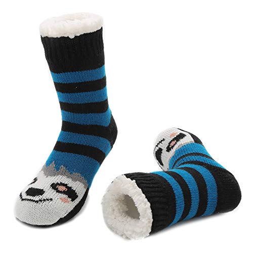 MaaMgic Kindersocken für Mädchen und Jungen Kinder Kuschelsocken Wintersocken Mit Rutschfesten Noppen, Haussocken Stoppersocken, Flauschig Warm Dick Anti Rutsch Socken,Affe Schwarz Blau von MaaMgic