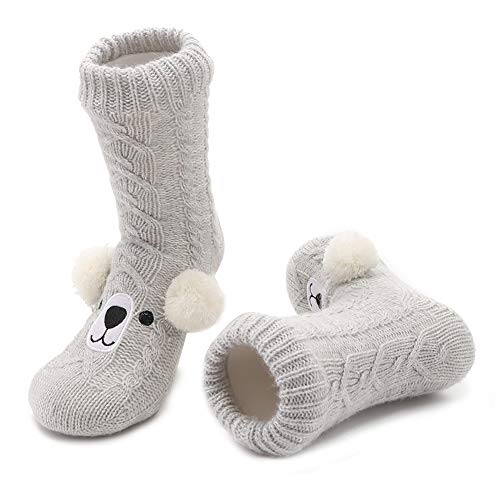 MaaMgic Kindersocken für Mädchen und Jungen Kinder Kuschelsocken Wintersocken Mit Rutschfesten Noppen, Haussocken Stoppersocken, Flauschig Warm Dick Anti Rutsch Socken,Bärchen Hellgrau von MaaMgic