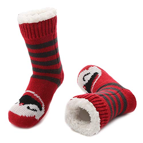 MaaMgic Kindersocken für Mädchen und Jungen Kinder Kuschelsocken Wintersocken Mit Rutschfesten Noppen, Haussocken Stoppersocken, Flauschig Warm Dick Anti Rutsch Socken,Pinguin Rot Grau von MaaMgic