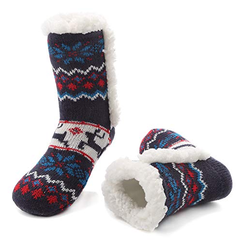 MaaMgic Kindersocken für Mädchen und Jungen Kinder Kuschelsocken Wintersocken Mit Rutschfesten Noppen, Haussocken Stoppersocken, Flauschig Warm Dick Anti Rutsch Socken,Rentier Navy Blau von MaaMgic